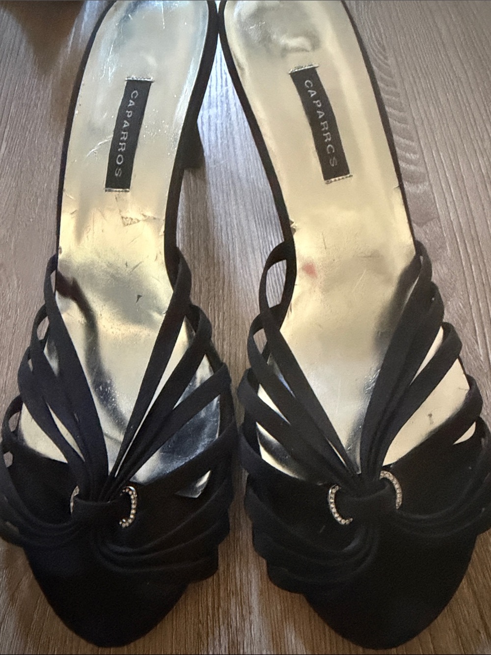 Caparros Black Strappy Open-Toe Heels with Rhinestone Accent